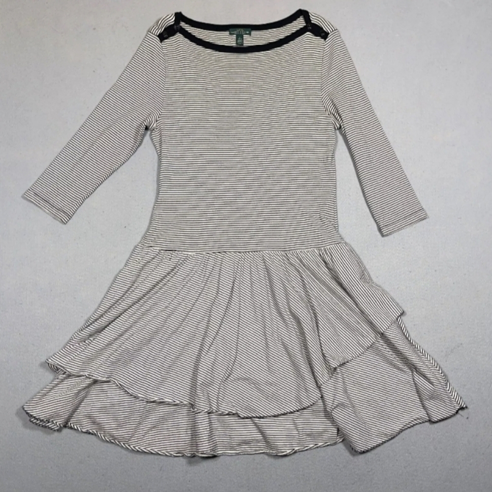 RL Lauren Ralph Lauren Women's Striped Ruffle Dress 3/4 Sleeve Scoop Neck Size L